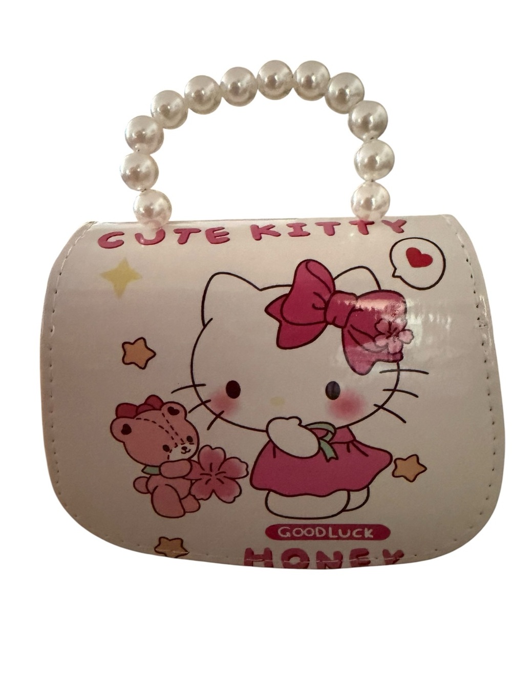 Hello Kitty White and Pink Kids Bag with Pearl Handle